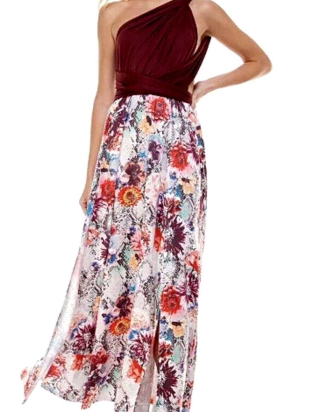 Wear It A Million Ways-Convertible Floral Maxi Skirt Dress in Burgundy and Multi